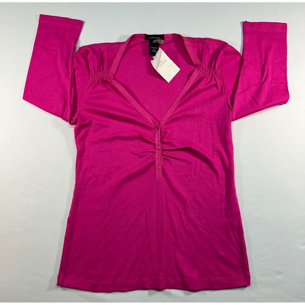 Moda International Pink V-Neck Ruched Button Front Long Sleeve Cotton Top L‎